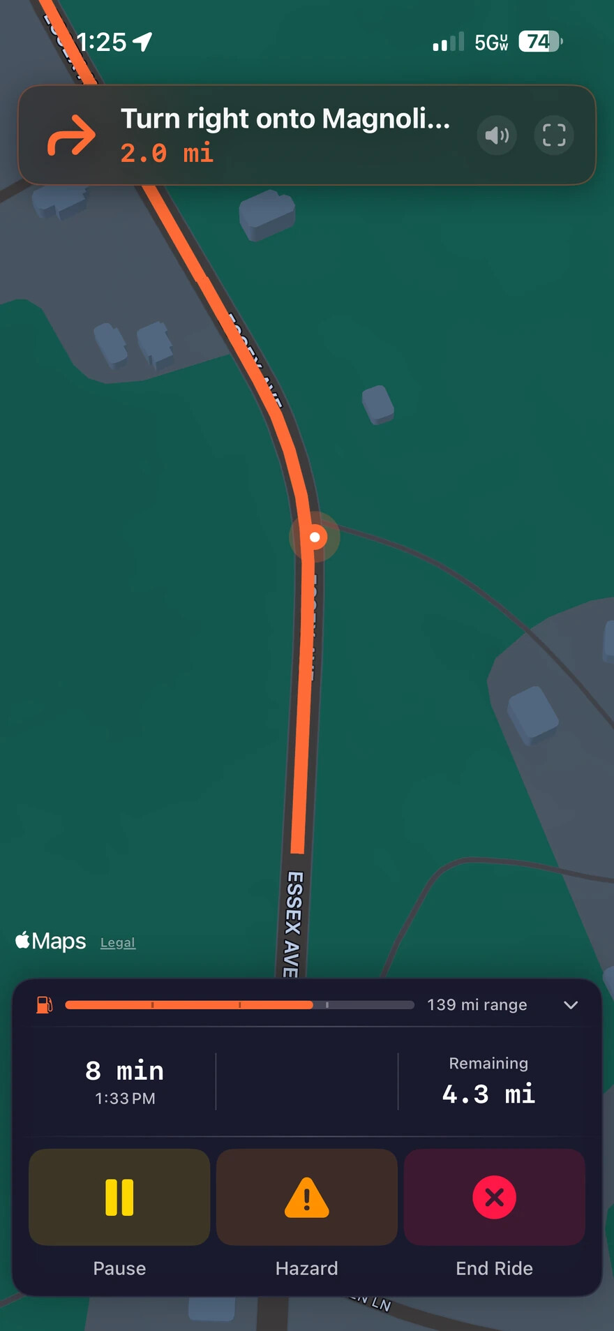 GripRoute navigating a ride: a right turn coming up in 2 miles on a dark map, with the GripBar showing 139 miles of fuel range, 4.3 miles remaining, and Pause, Hazard, and End Ride controls.