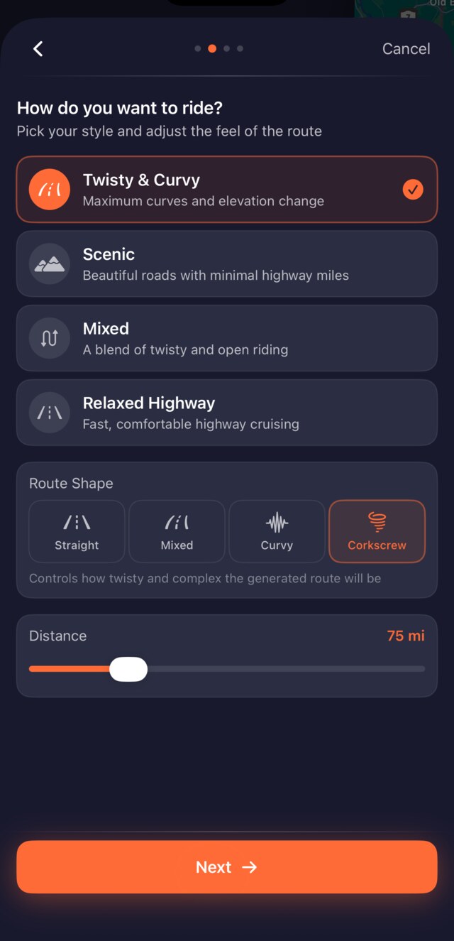 GripRoute's route generator: choose Twisty & Curvy, Scenic, Mixed, or Relaxed Highway, pick a route shape from Straight to Corkscrew, and set the distance.
