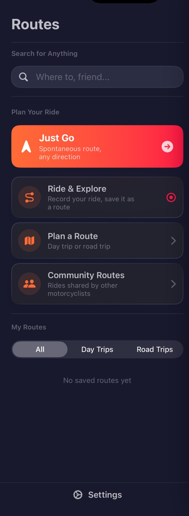 GripRoute's ride planner: Just Go for a spontaneous route, Ride & Explore to record a ride, Plan a Route for a day or road trip, and Community Routes.